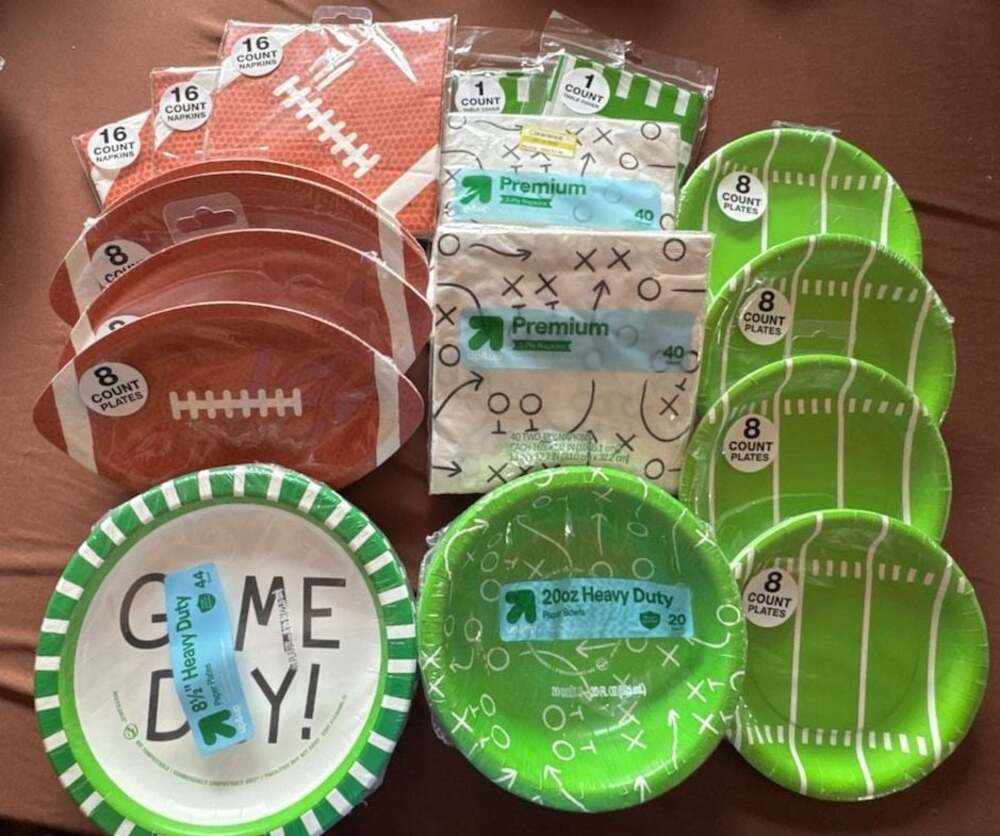 #429 Football Party Supplies Bundle Plates Bowls Napkins Table Cover